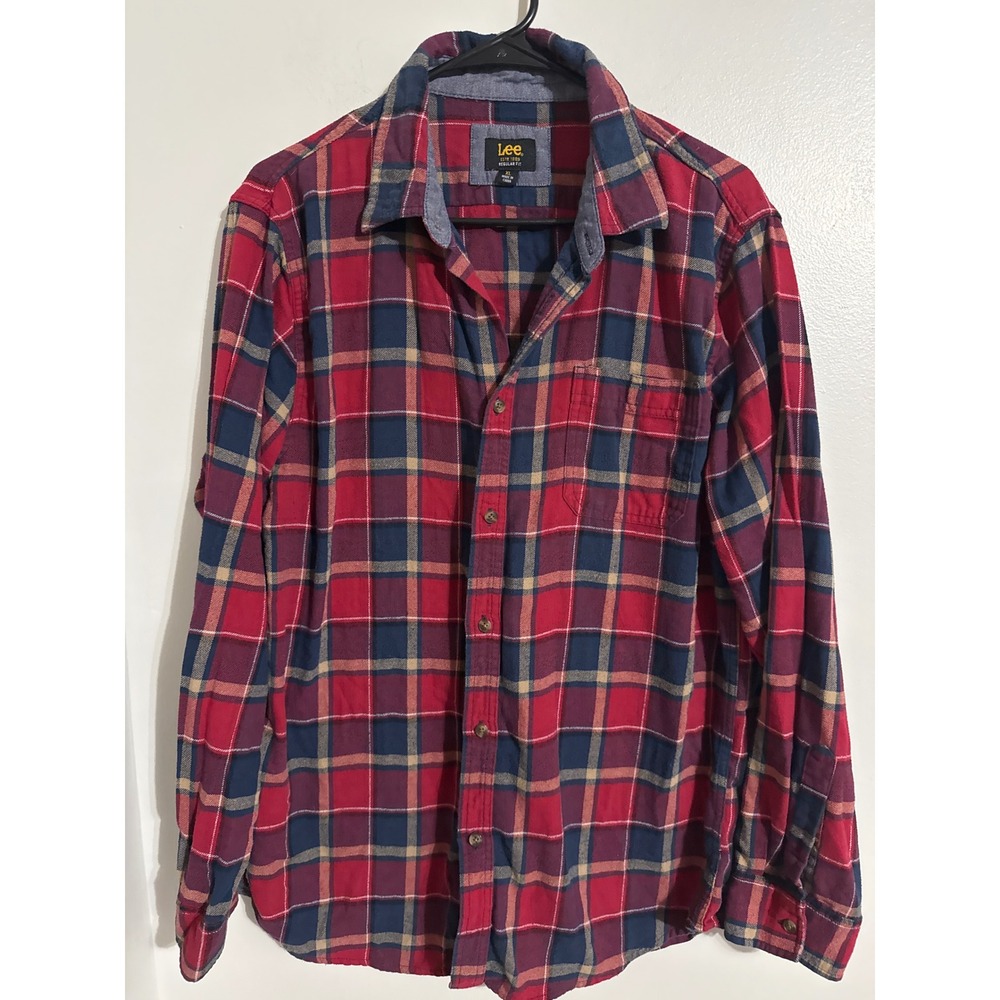 Lee Mens Regular Fit Plaid Flannel Button Down Shirt Red Blue XL Long Sleeve